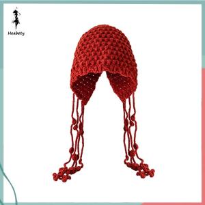 FUJIAS2🦋 Sweet Handmade Autumn Winter Knitted Beanies Hat Wool Warm Ear Protection Hat Windproof Tassel Pullover Hat