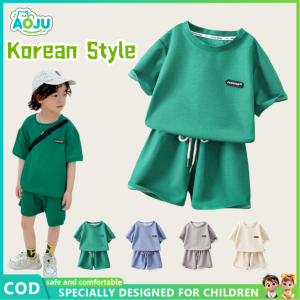 AOJU (1-4Y)Terno Set Kids Boys Fashion Round-Neck Waffle Fabric Korean Style Shorts-sleeves T-shirt Set