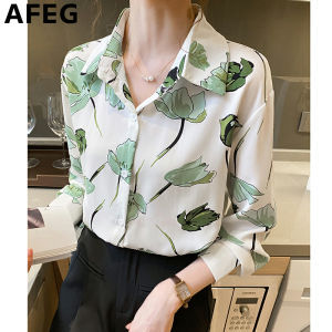 AFEG Korean shirt collar fashion loose vintage printed chiffon long-sleeved blouse for women