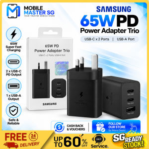 Samsung 65W PD Power Adapter Trio with USB-C 2 Ports and USB-A Port for Fast Charging.
