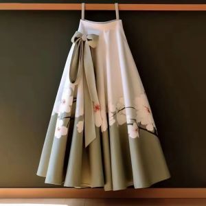Retro Hanfu Printed Colored Horse Face Skirt WomenS Spring Fashion Versatile Folded Loose Mid Length Skirts