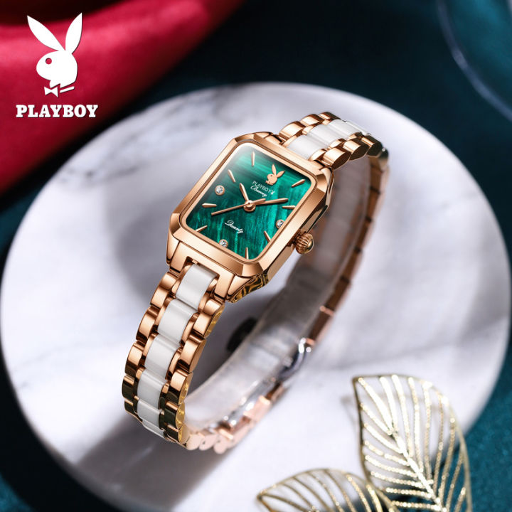 PLAYBOY Wrist Watch For Women WaterProof Sale Original Square Ladies Watch White 2024 NEW Ceramic Strap Rose gold Green Red Lazada PH