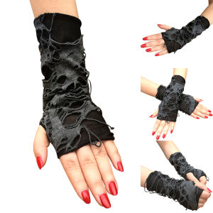Minwen A Pair Gothic Arm Warmer Fingerless Beggar Punk Halloween Gloves Hole Cosplay