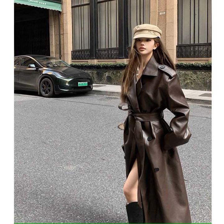 brown retro medium long knee pu leather jacket women loose leather trench  coat