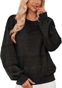 Womens Sweaters for Fall Trendy Crewneck Casual Long Sleeve Crochet Hollow Knit Pullover