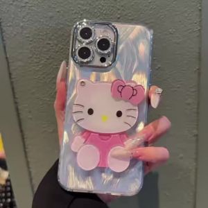 Fine Hole Feather Veil Makeup Mirror kt Cat Apple 17/15pro Phone case 14/13/12 Cute Girl