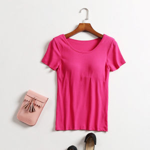FCWomens Pure Cotton with Chest Pad Short-Sleeved T-shirt Half-Sleeve Bottoming Shirt Bra Cup Integrated Yoga Homewear Pajamas Tops