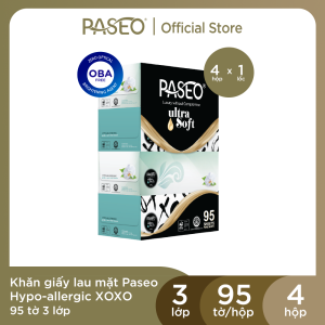 Lốc 4 Hộp Khăn Giấy Lau Mặt Paseo Hypo-allergic Xoxo Cao Cấp 95 Tờ 3 Lớp Mềm Mịn - Phù Hợp Kể Cả Da Nhạy Cảm