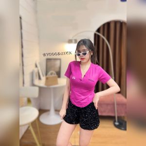 🌈SpinnyHouse🌈 เสื้อยืดทอลายช่วงอก ผ้าไหมพรม กระดุมใช้ได้จริง  รุ่น ร้อนจัง B-016-4-B