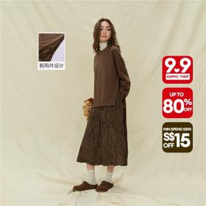 Giordano Women Fake two-piece print crinkle hem dress Free Shipping 18465233