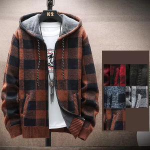 Mens Fleece Warm Cardigan Plaid Sweater Hooded Winter Clothes Korean Knit Coat Full Zip Cardigans Jacket Fashion Jumper