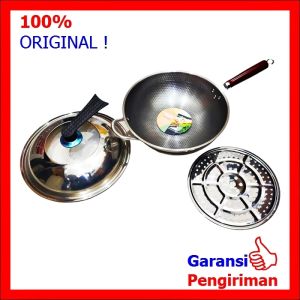Wok Wajan Set Stainless Steel Wajan Gagang Kayu Anti Lengket Coating Sarang Lebah Plus Steamer
