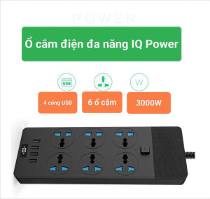 Ổ Cắm Điện IQ Power – 6 Ổ Cắm + 4 Cổng USB – Dây 2m – Công Suất 3000W – Chống Cháy An Toàn Cao