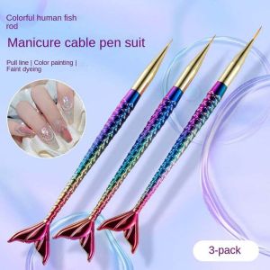 Y2K2 3Pcs/set เส้นบางเฉียบ แปรงทาสีเล็บนางเงือก เจลต่อยูวี รูปร่างหางนางเงือก แปรงดึงเล็บนางเงือก สร้างสรรค์และสร้างสรรค์ ปลายเล็บ3D ปากกาเขียนเล็บนางเงือก ร้านทำเล็บ
