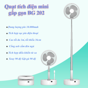 Quạt tích điện gấp gọn cỡ lớn BG202 kéo cao đến 1m quạt gió điện thông minh tự động xoay 90 độ kèm điều khiển từ xa và pin sạc dự phòng.