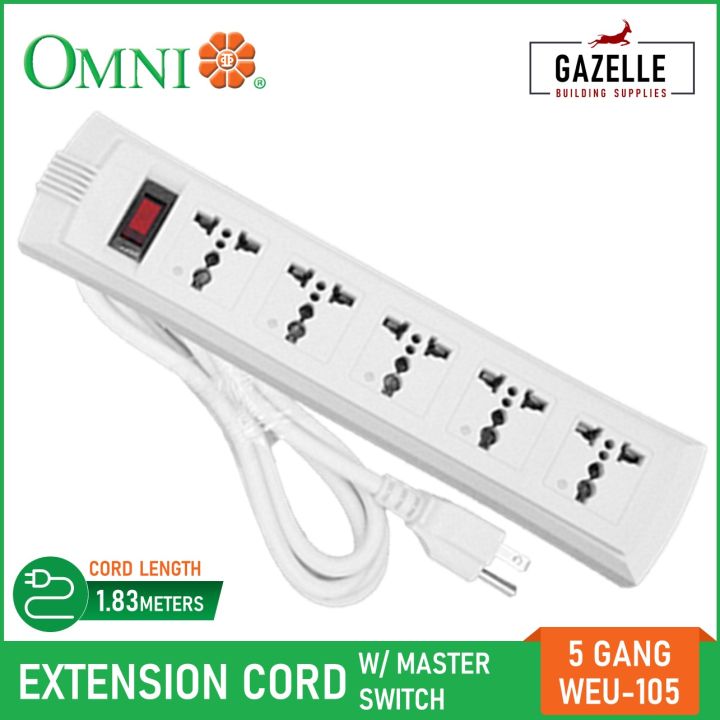 Omni Universal Outlet Extension Cord 5 Gang with Switch 1.83 meter