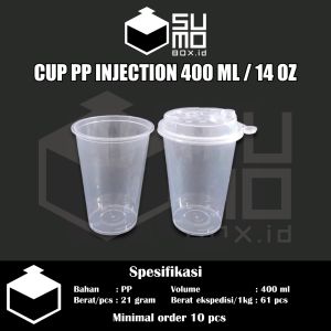 [1 PAK ISI 25 PCS] Gelas plastik 400ml  + Tutup PP Cup Injection Reusable / Thinwall 14Oz Tebal Boba Cheese Tea