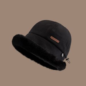 ARTMU Wide Brim Velvet Panama Hat Windproof Soft Fluffy Fur Bucket Hat Vintage Ear Protection Winter Fisherman Hat Woman