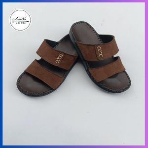 Dép nam hai quai ngang da bò thật DT020 đế doctor may quai liền đế chìm dưới rãnh bền đẹp