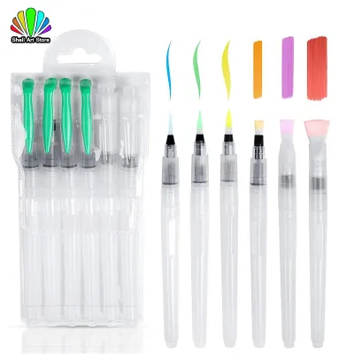 Water Brush Pen Set 6Pcs Water pen Portable Watercolor Paint Brush Flat/Fine Point Art Waterbrush 自来水笔
