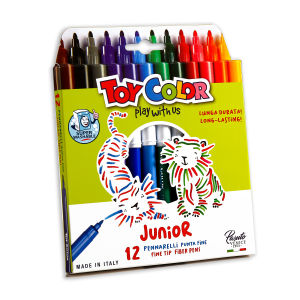 Toycolor ปากกาเมจิก ชุด 12 สี ขนาด 2.8 mm. สูตรน้ำ สำหรับเด็ก MADE IN ITALY.
