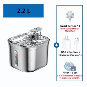 Stainless Steel Cat Fountain With Water Mark Automatic Cats Water Dispenser Motion with Sensor Filter Pet Cat Ultra Quiet Pump Water Foutain Dog Water Dispenser