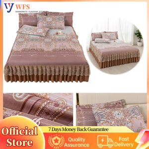3pcs Retro Ice Silk Bedding Set with Ruffle Bed Skirt and Pillowcases Elegant Wedding Home Decor Machine Washable