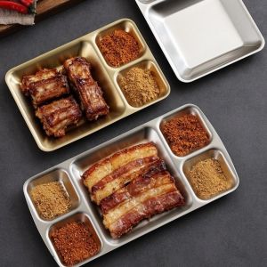 HUNIU 3/5 Grids Divided Dinner Tray Thickened Stainless Steel Snack Tray Buffet Plate Durable French Fries Plate Tableware