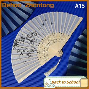 Behoo Vintage Chinese Style Folding Fan bamboo hand fan Wooden Shank Classical Dance Fan with Tassel Elegent Female Fan Home Decor