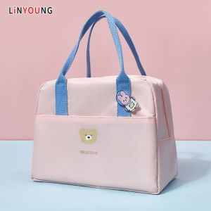 Linyoung Trọng lượng nhẹ túi đựng bữa trưa màu Macaron dễ thương Túi Bento dung tích lớn túi cách nhiệt với huy hiệu hoạt hình