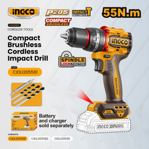 INGCO 55Nm 20V Compact Brushless Cordless Impact Drill 2-Speed Rechargeable Screwdriver Power Tool - ICPT