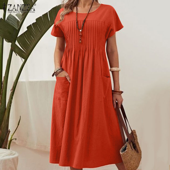 ZANZEA Women Short Sleeve Cotton Linen Pleated Party Long Dress Casual  Loose Sundress #15 Lazada