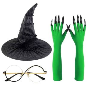 YOUSHI TOP 2/3/4Pcs Green Claw Gloves Witch Costume Set Funny Dress Up Cosplay Witch Cap Party Props Eyewear Pointed Mage Hat Set Costume Accessories
