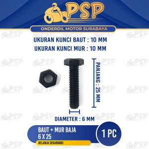 Baut Baja 6x25 (+ Mur) Harga 1 PC - Baud Mor Baja M6 Bibir Topi 6mm Panjang 25 mm Kunci 10 Universal