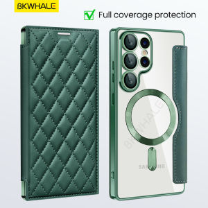 BKWHALE Magnetic Phone Case For Samsung Galaxy S25 Ultra S24 + S23 Ultra S22 + S24 Ultra S25Edge S24FE S23FE Full coverage lens + Card Holders Leather Flip Cover Clear Back Cover