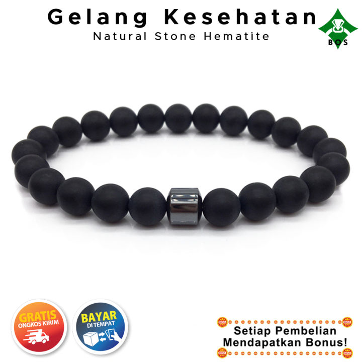 [Bayar Di Tempat] BOS Gelang Kesehatan Pria Wanita Batu Alam Black Onyx  Lava Tiger Eye Howlite Natural Stone Magnetis Hitam BTS Tali Karet Elastis 