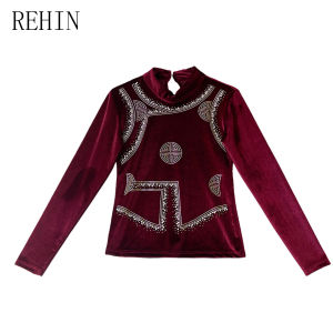 REHIN Luxury Velvet Rhinestone Long Sleeve Top Women Elegant Slim Fit Original Design Blouse (S-4XL)