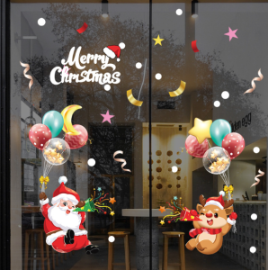 DECAL NOEL – Hít Tĩnh Điện Ông già Noel cùng bạn tuần lộc nâu cầm bóng bay thông báo-AMJ072(50*70cm )