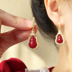 Fashionable Ring Gift 中国风红色葫芦耳钉女寓意福禄招财小众高级感轻奢气质耳饰女耳环