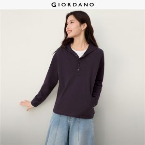 Giordano Beau Monde Women Half button placket cotton hoodie Free Shipping 13326801