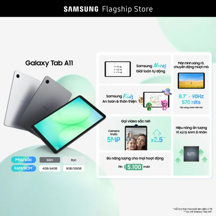 Máy tính bảng Galaxy Tab A11 Wifi (4-64GB), Màn hình nhỏ gọn 8.7", Tần số quét 90Hz, Tính năng giải toán tự động | BigBuy360 - bigbuy360.vn