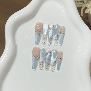 [HANDMADE] Luxury Silver Blue Cat Eyes Press On Nails Elegant Nude Pink Rhinestone Pearl Design Fake Nails Artificial Nails Cute Nails Reusable Press on nails
