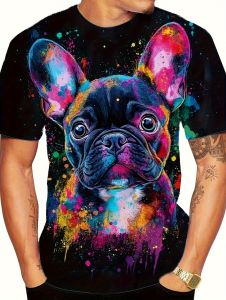 Mens Vintage Bulldog Printed Graphic T-Shirt Summer Short Sleeves Round-Neck Tops Street Fashion Casual Wear Fit Man Clothes