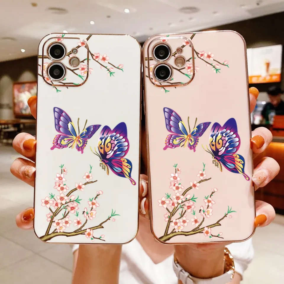 Hontinga Casing Case For Realme C2 OPPO A1k Case Fashion Colorful Butterfly  Luxury Chrome Plated Soft TPU Square Phone Case Full Cover Camera