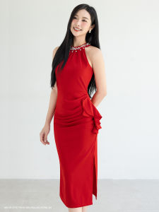 MyDu Shop | Đầm MS 2739 – Dáng Ôm Yếm Sang Trọng Cổ Kết Hạt Eo Bèo Nhẹ