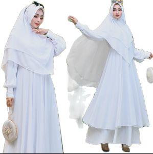 STELAN GAMIS JILBAB SYARI PED POLOS CERUTY PUTIH UMROH MODEL DUA LAYER CANTIK MEWAH