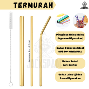 4in1 Set Sedotan Stainless Steel  SUS 304 Gold Tebal - Souvenir Stainless Straw Boba Bengkok Panjang - Sedotan Reusable