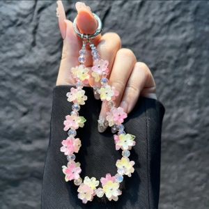 GENENIC Flower Beaded Mobile Phone Lanyard Sparkly Crystal Gradient Phone Wrist Lanyard Wrist Strap 3D Mobile Phone Chain Strap Summer Fashion