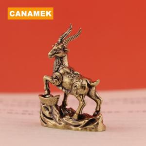 【CANAMEK】 Vintage Brass Lucky Zodiac Animal Stepping Treasure Antelope Statue Desktop Home Ornament Decoration