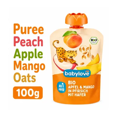 BabyLove Organic Pouch Puree Peach Apple Mango w/ Oats for Age 1+ Vegan 100g